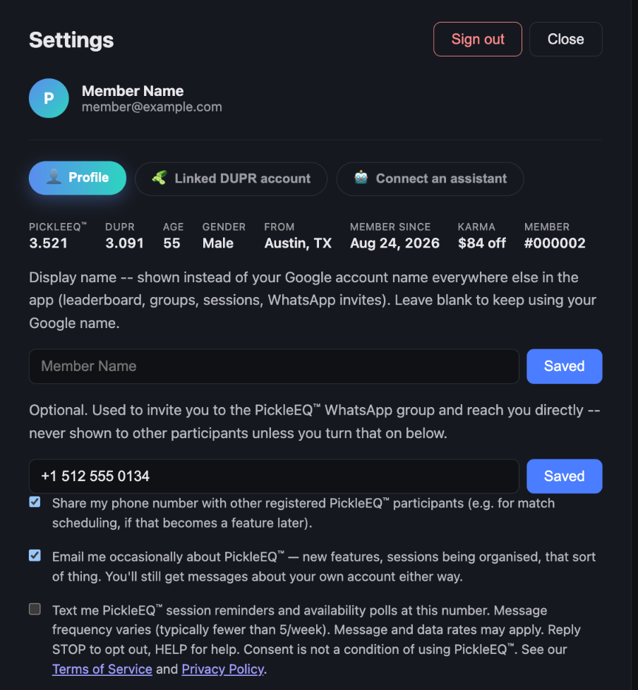 The PickleEQ Settings panel showing the mobile number field and the unticked text-message consent checkbox with its disclosure wording.